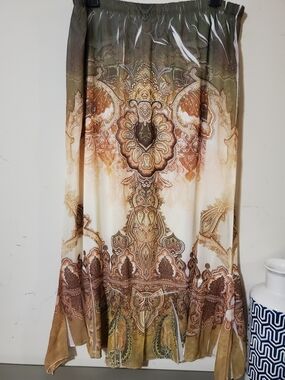 Y2k Boho Print Maxi Skirt - Olive & Cream  Sheer Overlay Midi